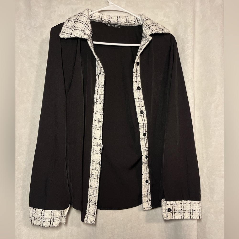 SHEIN Black Button-Down Shirt with White Tweed Trim